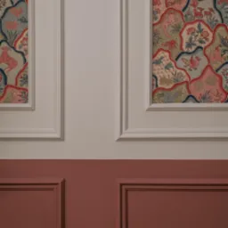 Fragment ściany w Krakowie z dekoracyjnym malowaniem w dwóch odcieniach i ozdobnym wzorzystym panelem tapetowym z motywami zwierzęcymi.