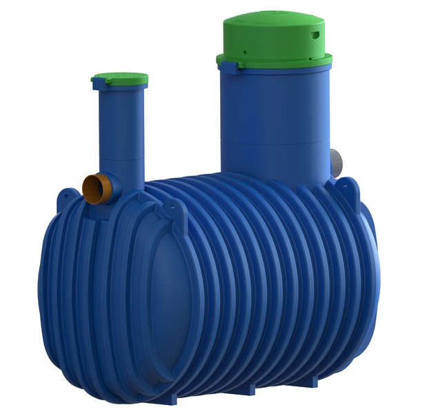 Niebieski zbiornik z zielonymi pokrywami, widoczne karbowania i przyłącza, na białym tle.