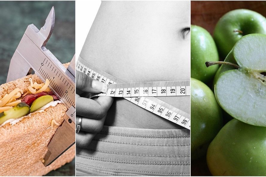Kompozycja z trzech ujęć: suwmiarka mierząca kanapkę z warzywami, pomiar obwodu talii centymetrem, zbliżenie na zielone jabłka.