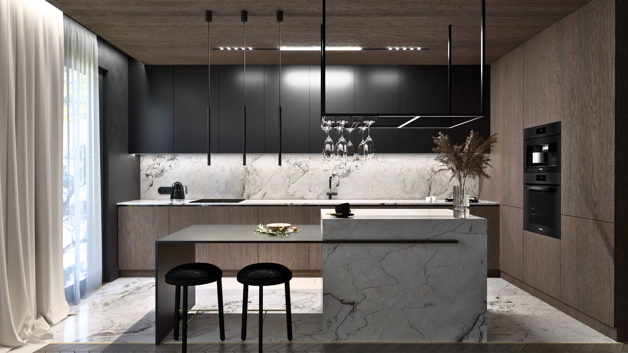 Nowoczesna kuchnia z wyspą, czarne szafki, marmurowy blat i podłoga, minimalistyczne oświetlenie wiszące, dwie czarne hokery, ekspres do kawy w zabudowie.