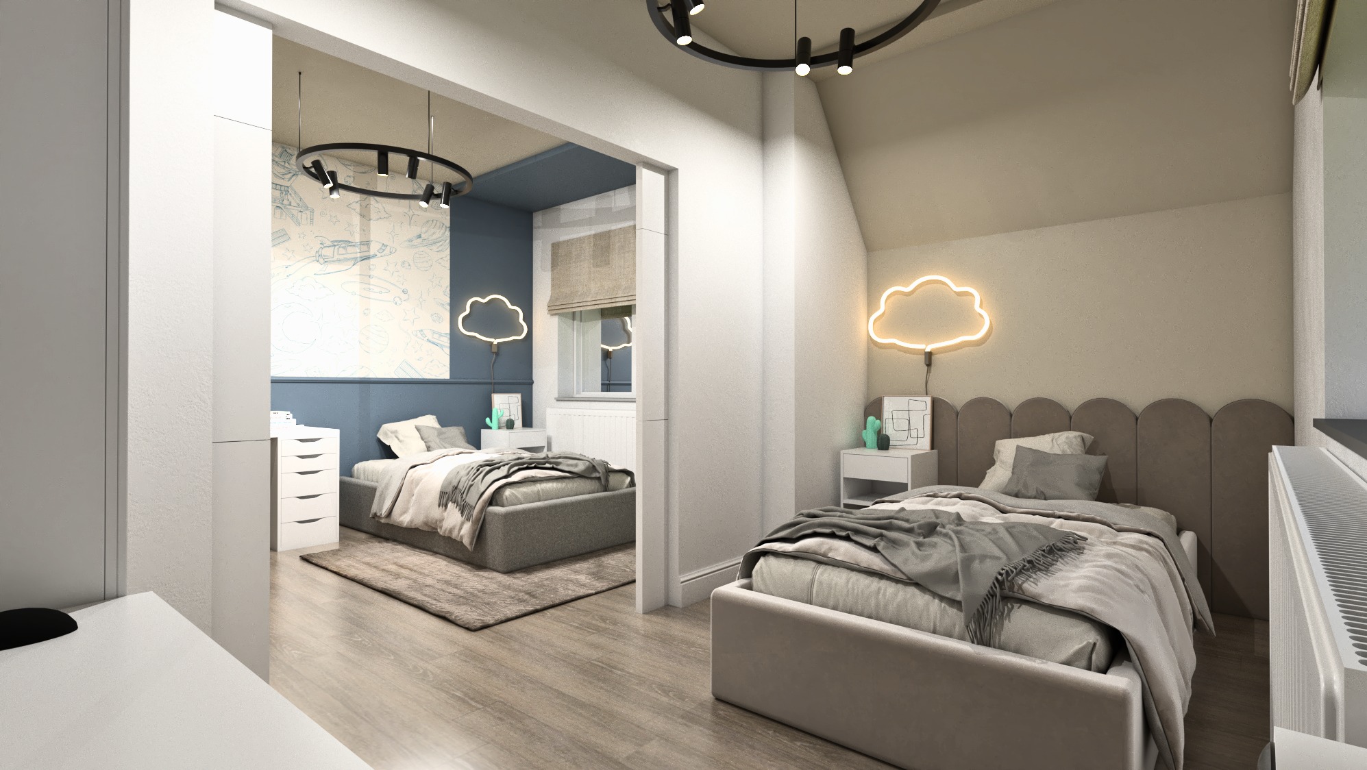Pokój dziecięcy z dwoma łóżkami, każde z podświetlaną lampką w kształcie chmurki, widok z perspektywy wejścia, zarys biurka po lewej stronie.