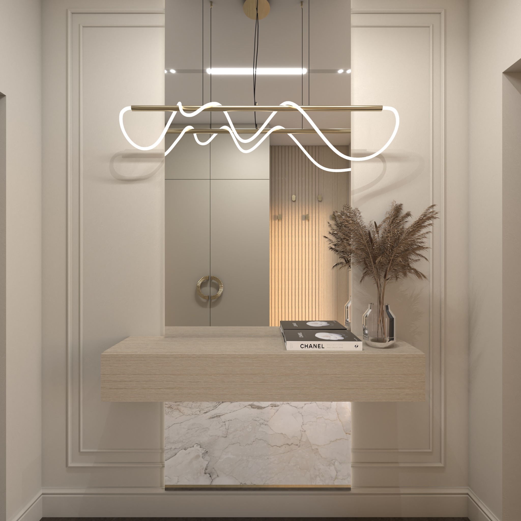 Nowoczesny przedpokój z lustrem, konsolą z drewnianym blatem i marmurową podstawą, oświetlony designerską lampą LED, z dekoracyjnym bukietem w szklanym wazonie i książkami Chanel.