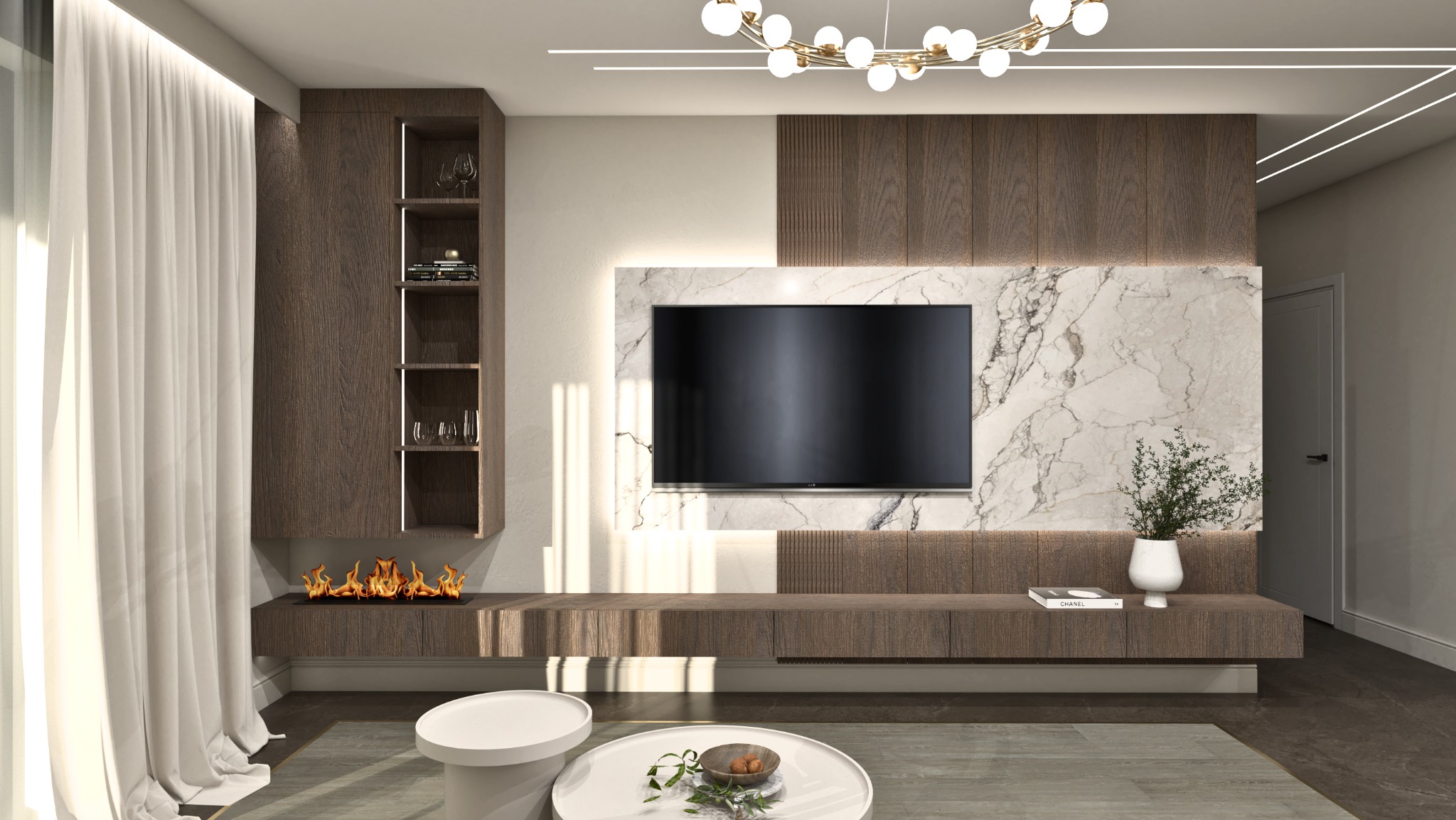 Nowoczesny salon w Chojnowie z marmurową ścianą za telewizorem, bio-kominkiem pod zabudową i okrągłymi stolikami kawowymi na tle zasłon.