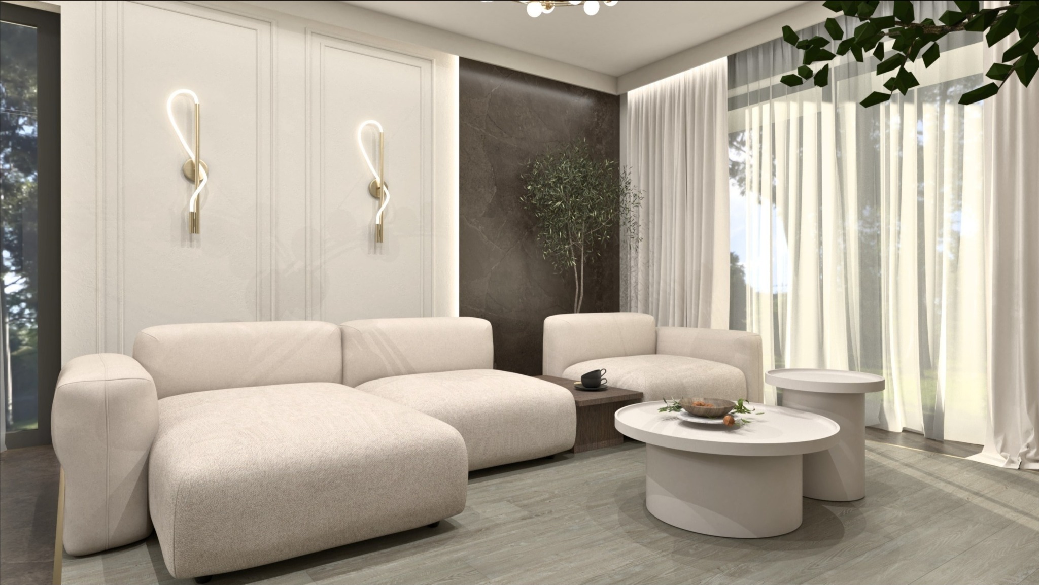 Jasny salon z modułową sofą, minimalistycznymi lampami ściennymi, stolikami kawowymi i widokiem na zieleń za oknem.