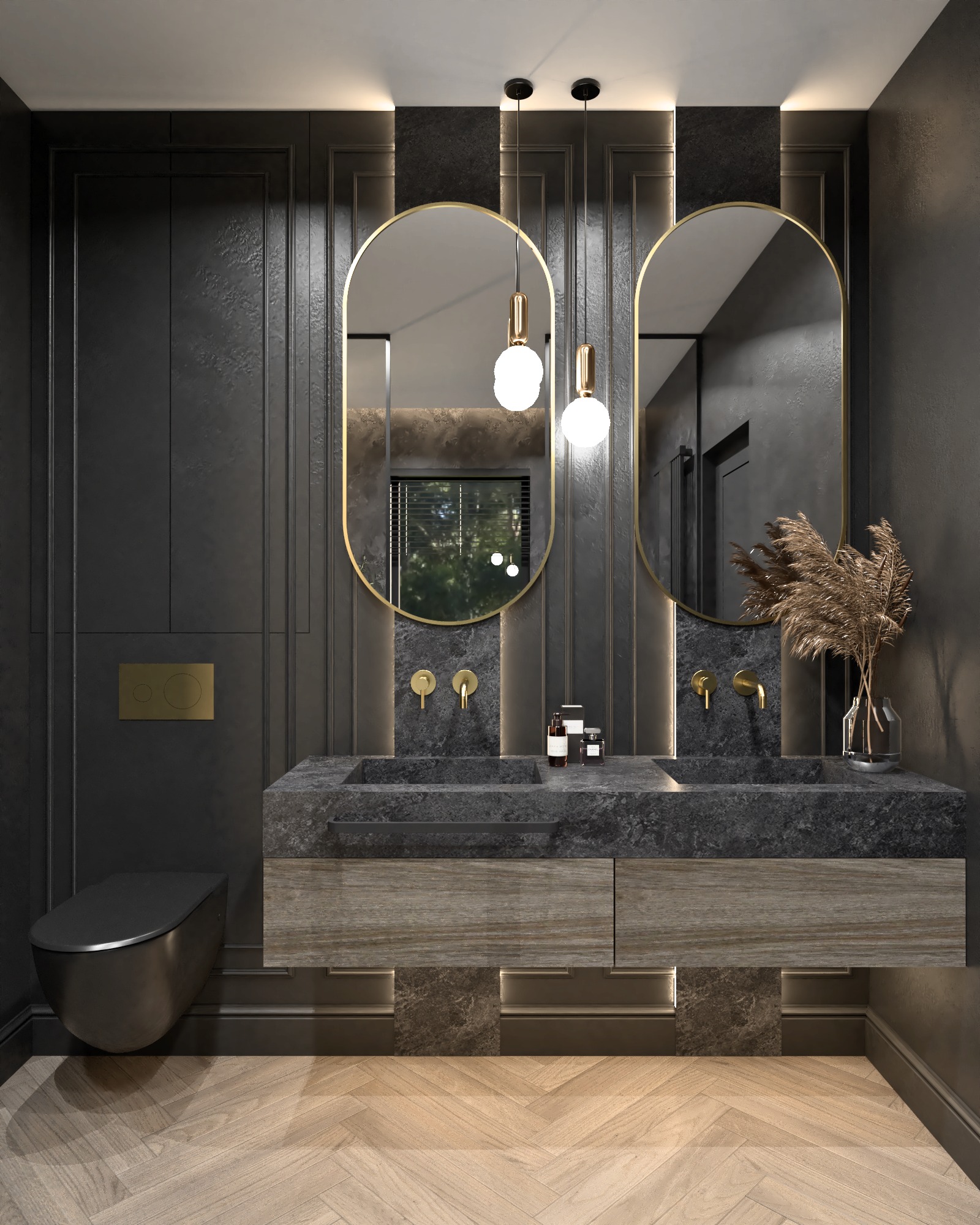 Elegancka łazienka z dwoma owalnymi lustrami w złotych ramach, kamiennym blatem z dwiema umywalkami, złotą armaturą i wiszącą toaletą w kolorze czarnym mat.