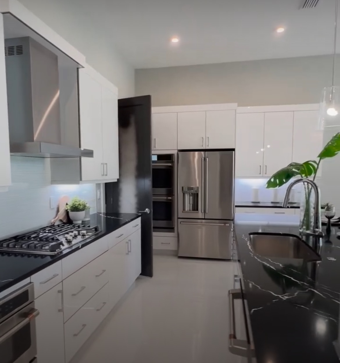 Nowoczesna kuchnia z białymi szafkami i czarnym blatem z marmurkowym wzorem, widoczny srebrny piekarnik i lodówka, oraz roślina w wazonie na blacie.