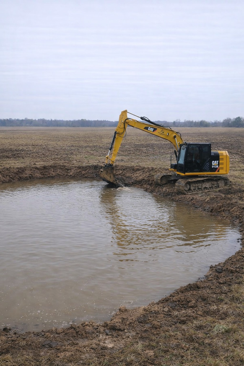 Żółta koparka CAT 312E pogłębia częściowo wypełniony wodą staw na polu, widok z boku, pochmurny dzień.