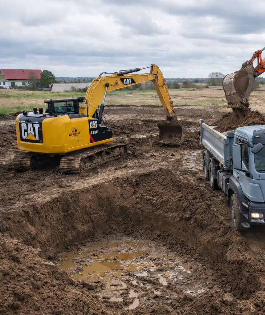 Żółta koparka CAT 312E w trakcie prac ziemnych, wykop z wodą, obok szara ciężarówka, w tle budynek z czerwoną dachówką i pochmurne niebo.