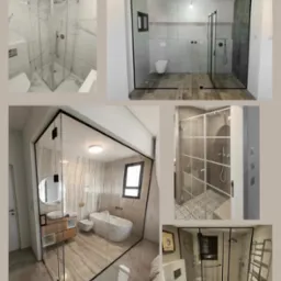 Kolaż zdjęć przedstawiających różne aranżacje łazienek z kabinami prysznicowymi i ścianami wykonanymi ze szkła, w różnych stylach i kolorach, z widocznymi detalami wykończenia.