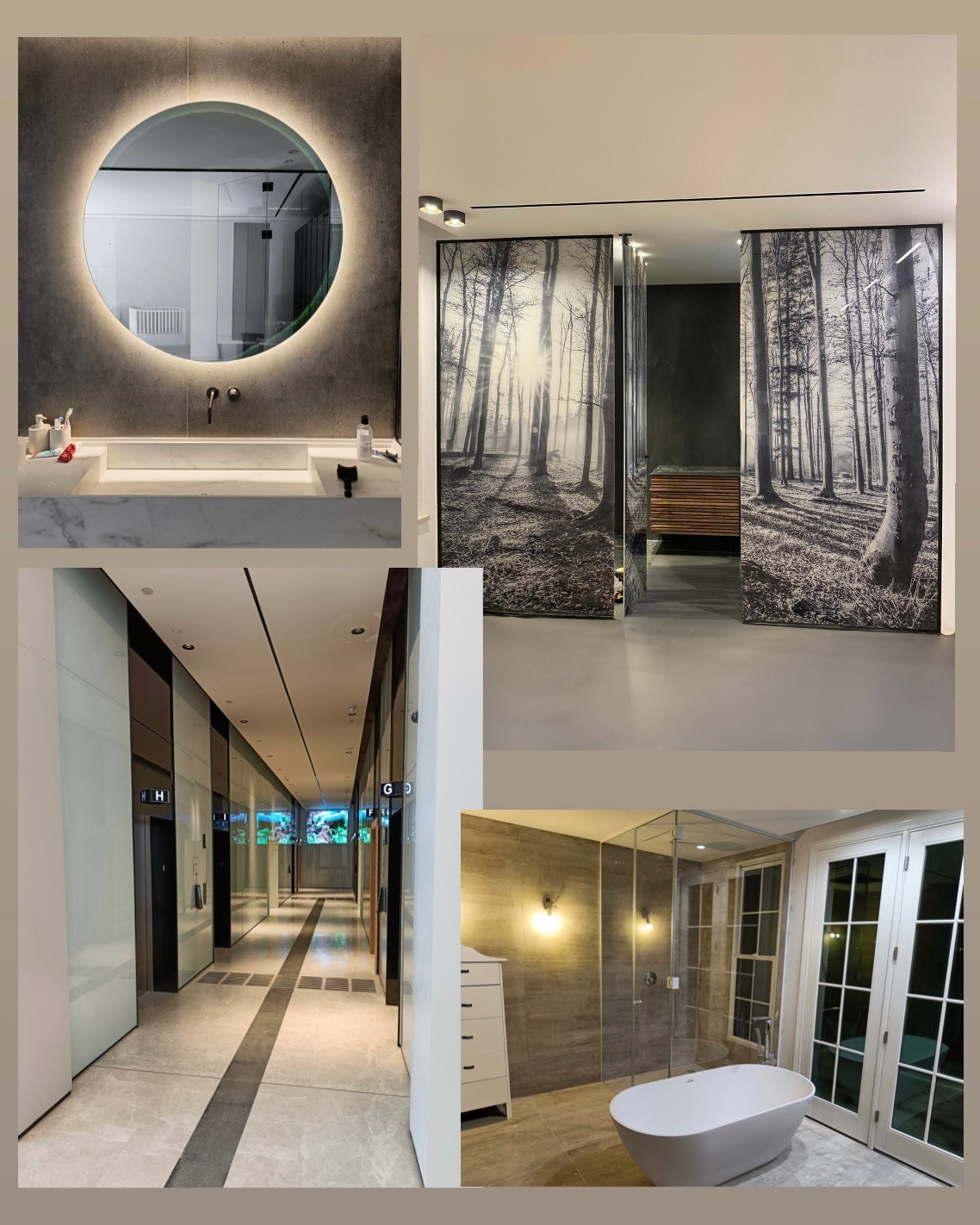 Kompozycja czterech ujęć: łazienka z okrągłym lustrem podświetlanym LED, drzwi przesuwne ze szkła z motywem lasu, korytarz biurowy z przeszklonymi ścianami oraz łazienka z kabiną prysznicową...