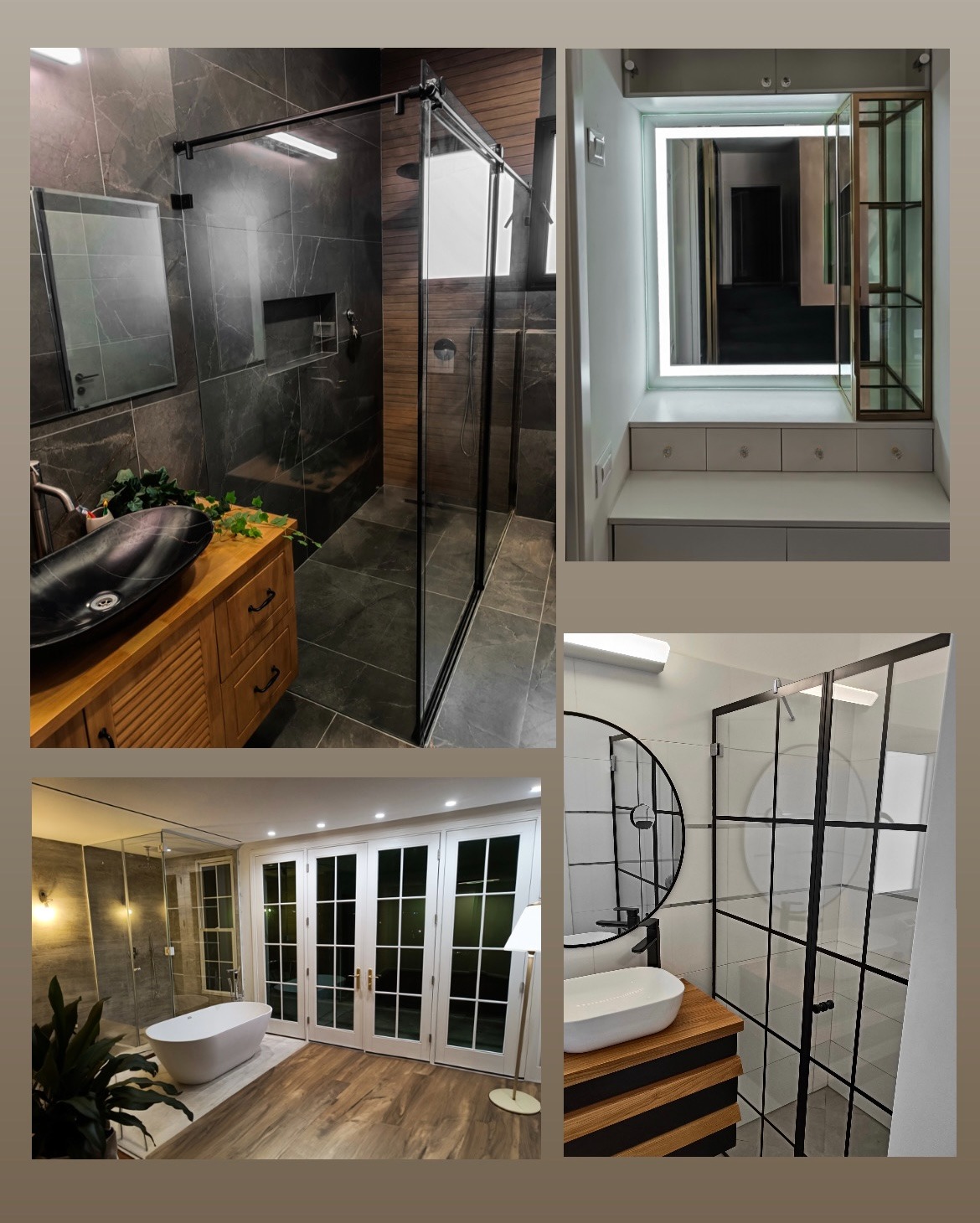 Kolaż z czterech ujęć łazienek: kabina prysznicowa ze szkła z czarnymi profilami na tle ciemnych płytek, toaletka z lustrem podświetlanym LED i przeszkloną witryną, pokój kąpielowy z wanną...