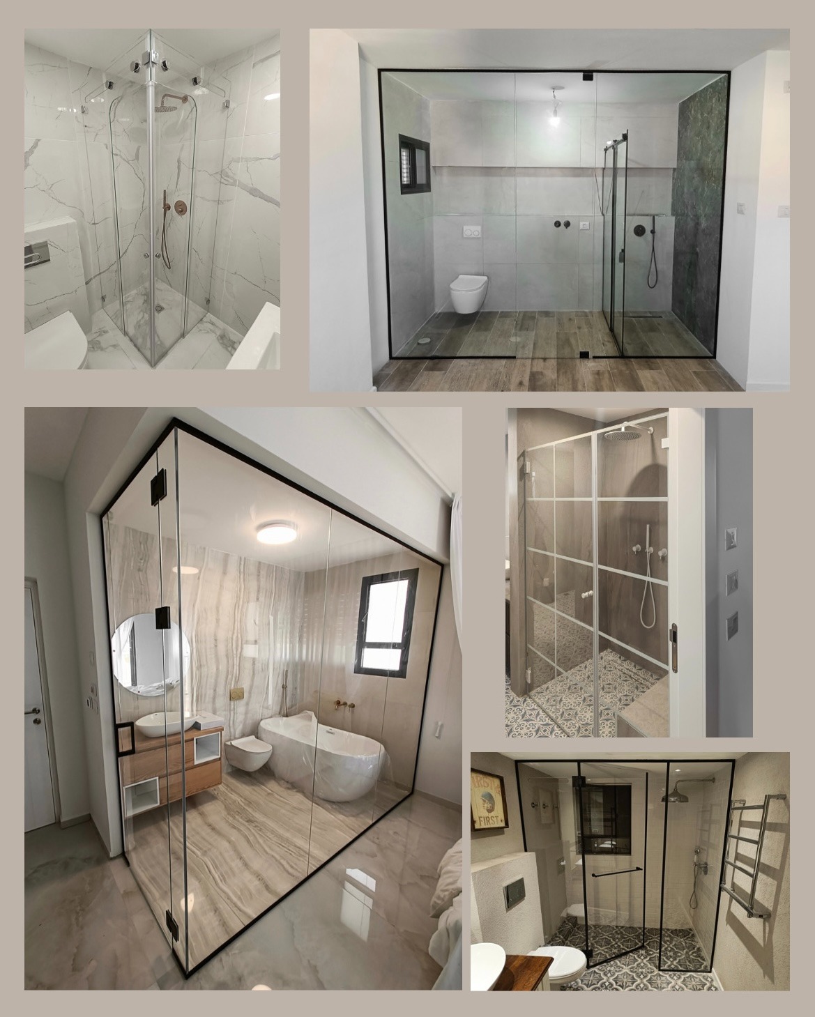 Kolaż zdjęć przedstawiających różne aranżacje łazienek z kabinami prysznicowymi i ścianami wykonanymi ze szkła, w różnych stylach i kolorach, z widocznymi detalami wykończenia.