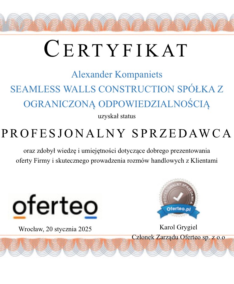 Certyfikat Oferteo dla firmy Seamless Walls Construction Spółka z Ograniczoną Odpowiedzialnością, potwierdzający status profesjonalnego sprzedawcy.