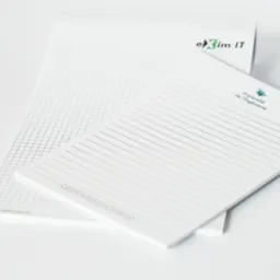 Dwa notesy firmowe leżące na białym tle. Jeden w kratkę z logo 'eXim IT', drugi w linie z logo 'Université de l'Ingénierie'.