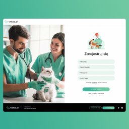 Bartosz Dymek - Projekt strony internetowej z ilustracjami weterynarzy i zwierząt, formularz rejestracyjny z polami imienia, nazwiska, emaila i hasła na jasnym tle.