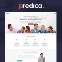Strona internetowa firmy Predica, z nagłówkiem prezentującym logo i hasło o transformacji biznesów cyfrowych, poniżej uśmiechnięci pracownicy w różnorodnych strojach, a następnie sekcja z ikonami...