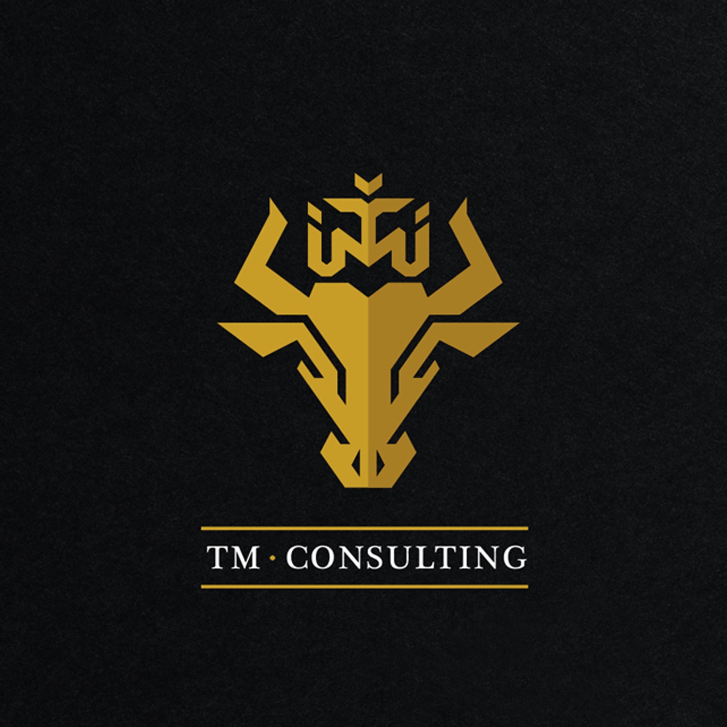Złoty, geometryczny logotyp przedstawiający głowę byka z koroną na czarnym, teksturowanym tle, poniżej nazwa firmy 'TM Consulting' między dwiema cienkimi liniami.