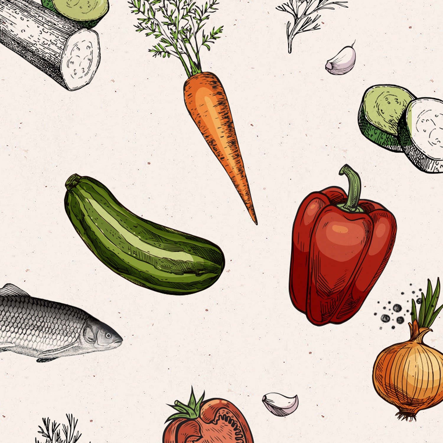Ilustracja wektorowa przedstawiająca różnorodne warzywa i rybę w stylu vintage, z wyraźnymi konturami i delikatnymi kolorami, na teksturowanym tle.