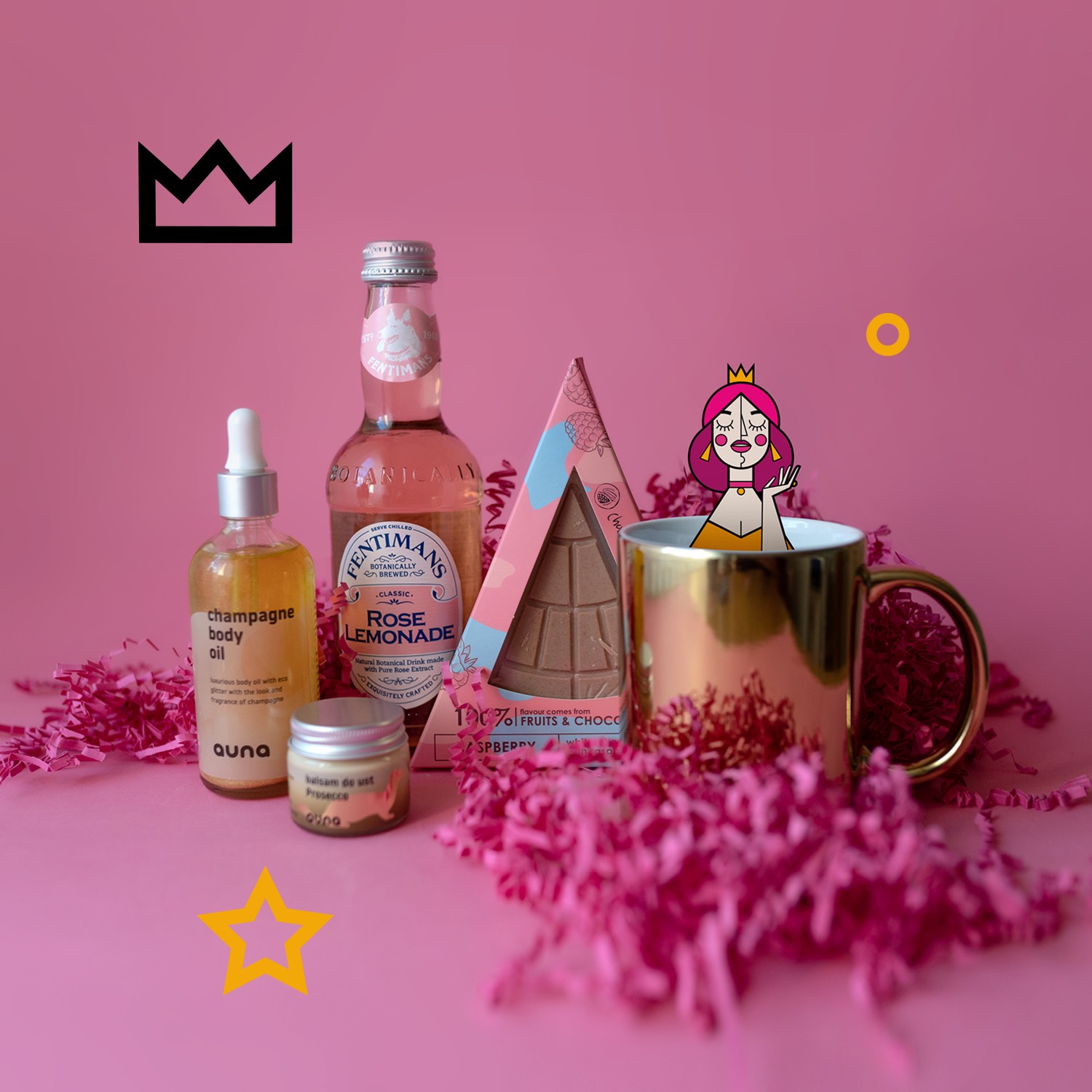 Kompozycja prezentująca identyfikację wizualną marki kosmetycznej, obejmująca logo, opakowania produktów (olejek do ciała, balsam do ust, napój różany) oraz materiały drukowane, utrzymana...