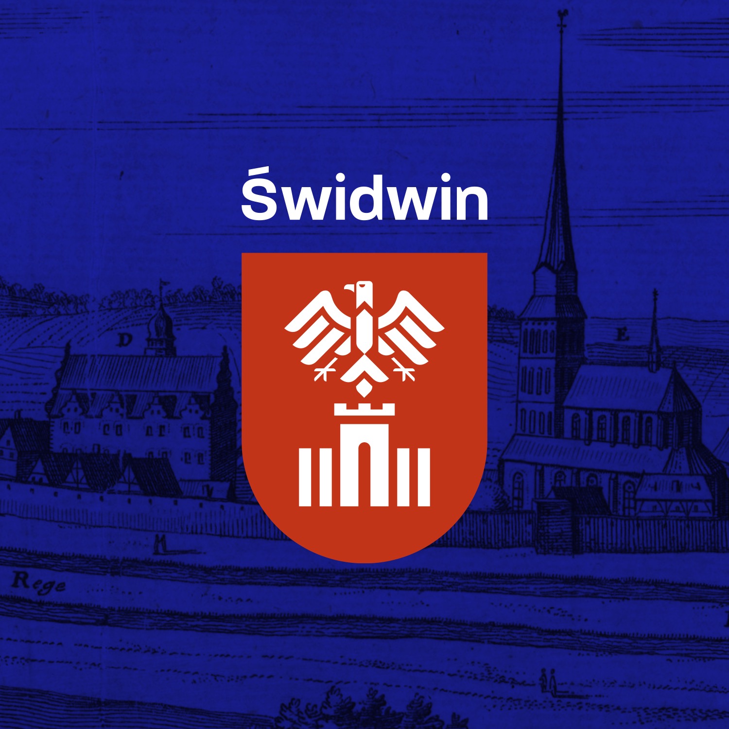 Grafika przedstawia herb miasta Świdwin na tle starej ryciny miasta w odcieniach niebieskiego. Herb jest czerwony z białym orłem i wieżą.
