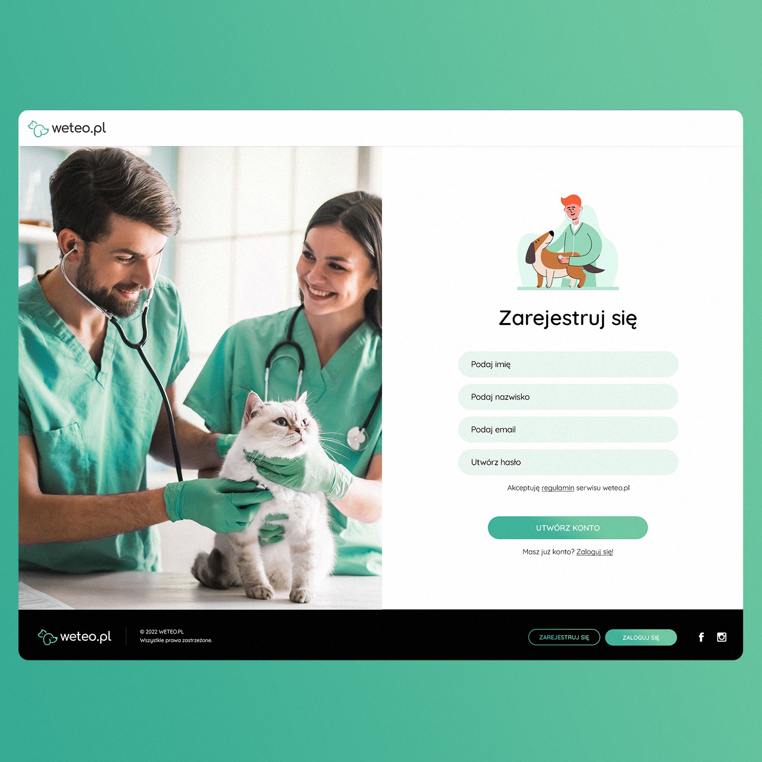 Projekt strony internetowej z ilustracjami weterynarzy i zwierząt, formularz rejestracyjny z polami imienia, nazwiska, emaila i hasła na jasnym tle.