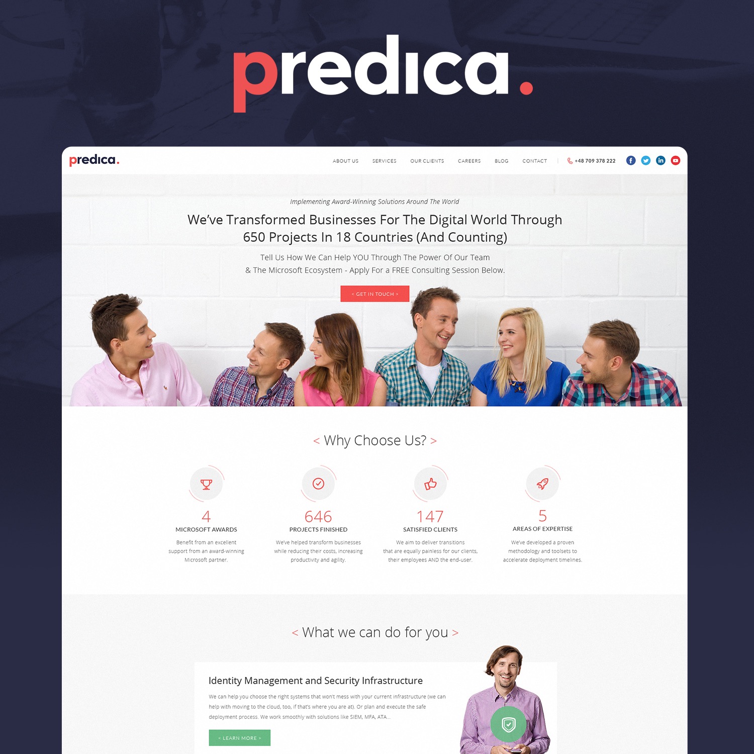 Strona internetowa firmy Predica, z nagłówkiem prezentującym logo i hasło o transformacji biznesów cyfrowych, poniżej uśmiechnięci pracownicy w różnorodnych strojach, a następnie sekcja z ikonami...