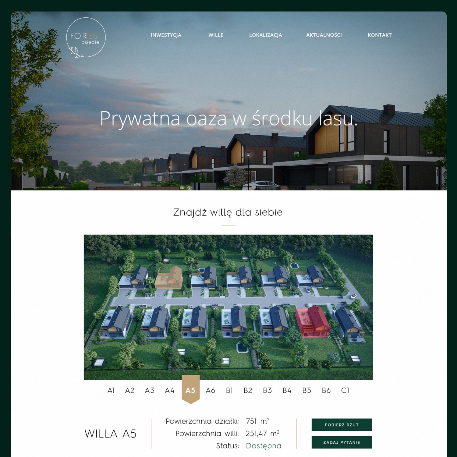 Projekt graficzny strony internetowej osiedla domów jednorodzinnych Forest, z wizualizacją osiedla z lotu ptaka, gdzie jeden z domów oznaczony jest kolorem jako dostępny.