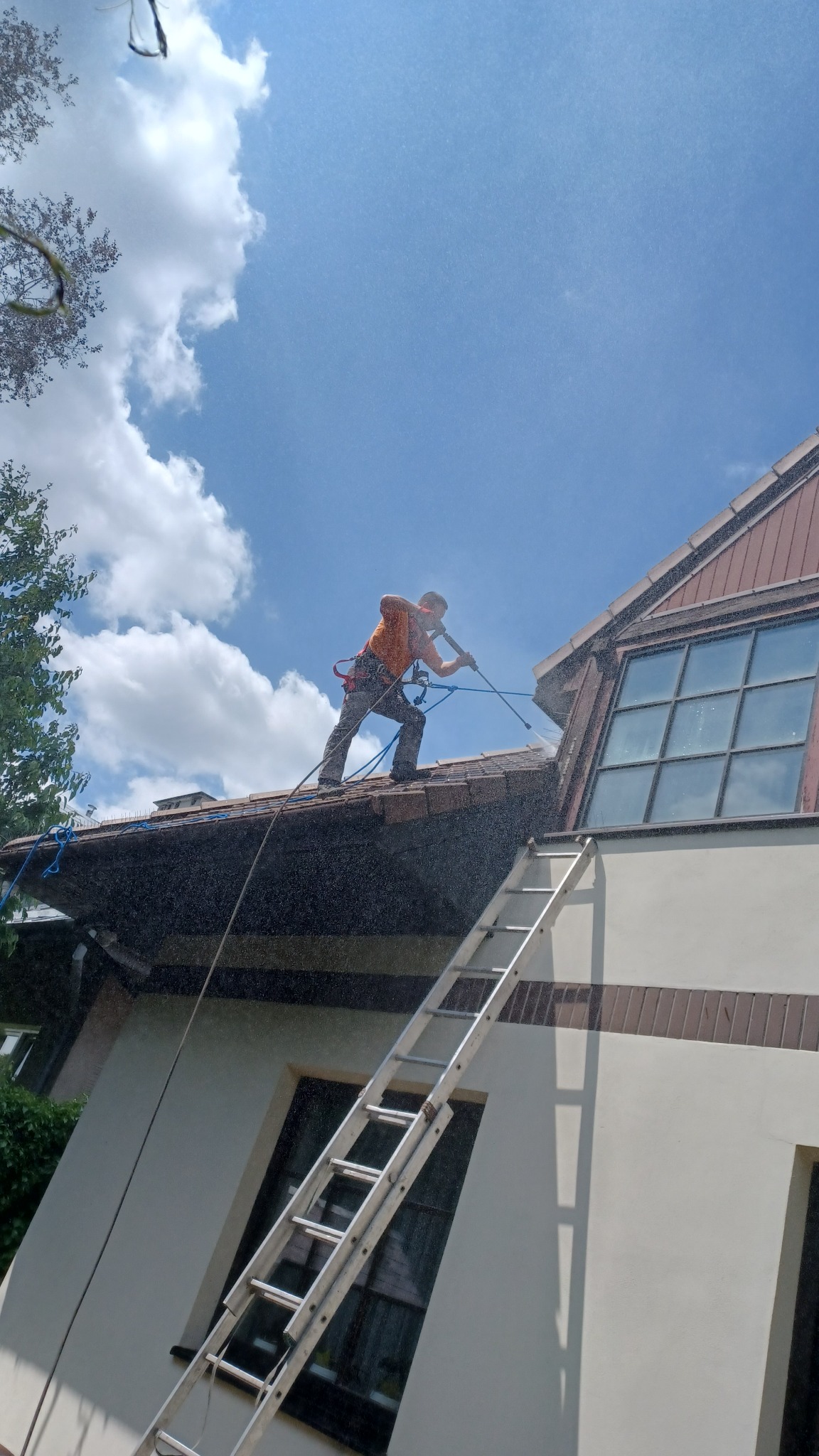 Pracownik w uprzęży myje dach domu z drabiny, używając myjki ciśnieniowej. Widok z dołu na błękitne niebo z chmurami i fragment budynku.
