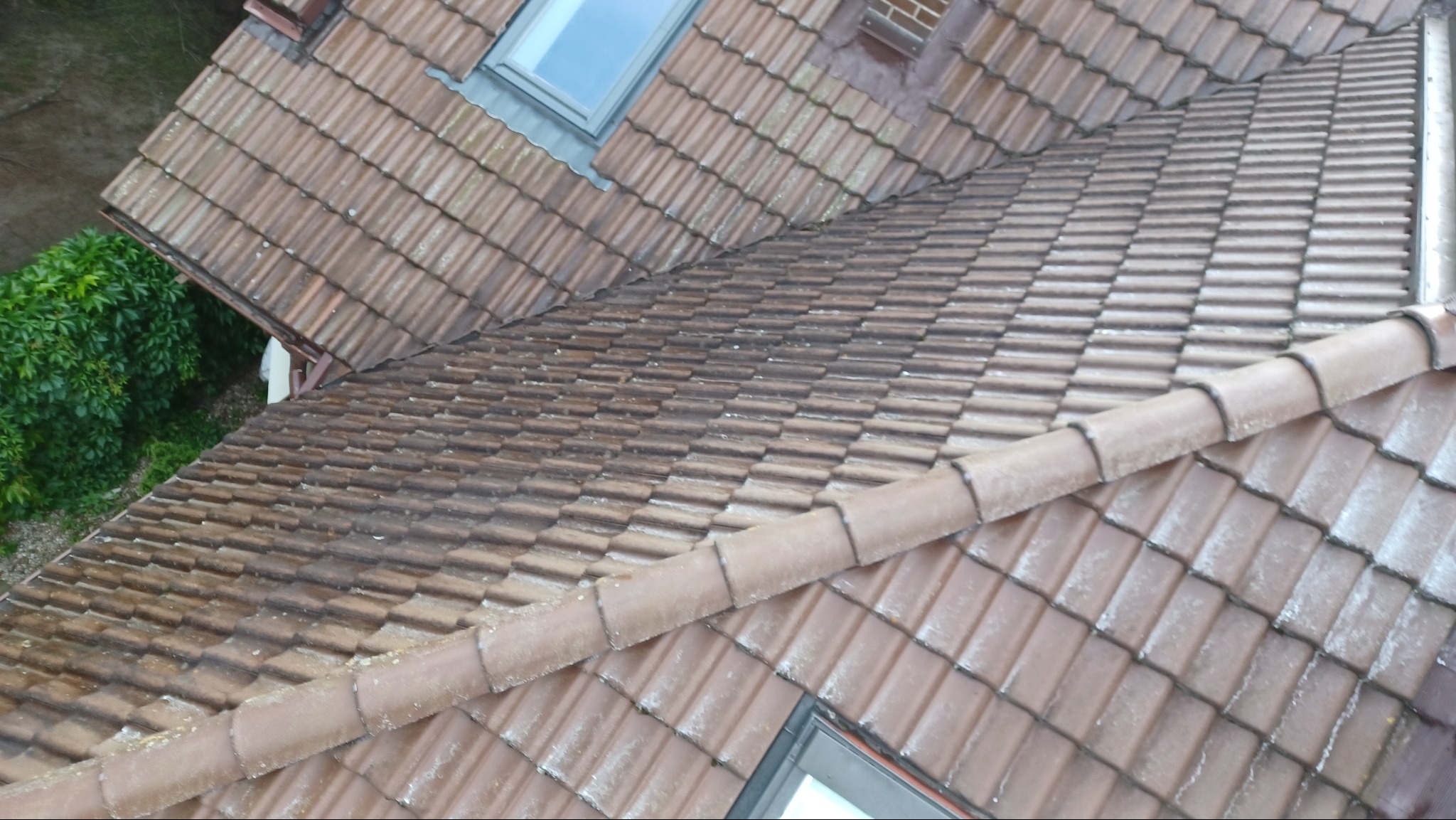 Ukośny widok na dach pokryty brązową dachówką ceramiczną, z widocznym oknem dachowym i fragmentem zieleni po lewej stronie. Dach lekko zabrudzony.
