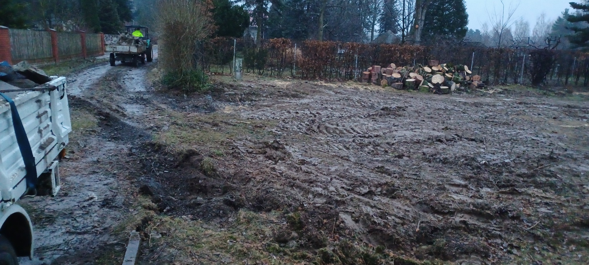 Teren po wycince drzew: błoto, ślady opon, pnie drzew, traktor z przyczepą w oddali, częściowo widoczna przyczepa. Widok z poziomu gruntu.