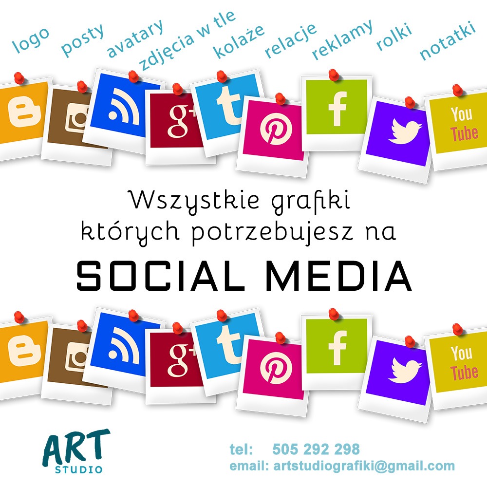 Grafika reklamowa studia graficznego prezentująca ikony mediów społecznościowych w stylu polaroidów, przypięte pinezkami, z hasłem 'Wszystkie grafiki których potrzebujesz na SOCIAL MEDIA'...