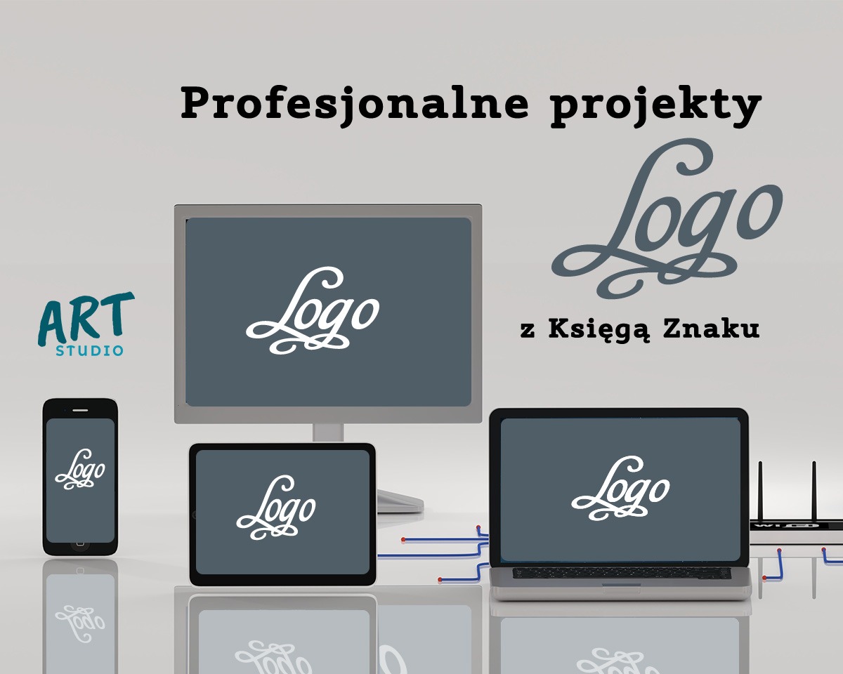 Prezentacja responsywnego projektu znaku firmowego na monitorze, laptopie, tablecie i smartfonie z widocznym routerem. Wizualizacja zawiera napis 'Profesjonalne projekty Logo z Księgą Znaku'...