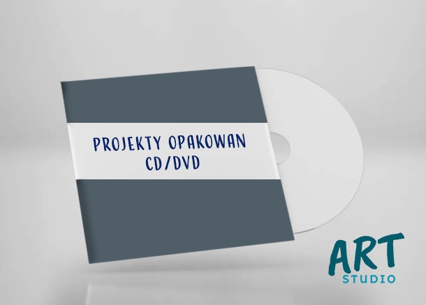 Projekt okładki CD/DVD w szarej papeterii z białym paskiem i napisem 'Projekty Opakowań CD/DVD', obok biała płyta CD, w tle logo ART Studio.