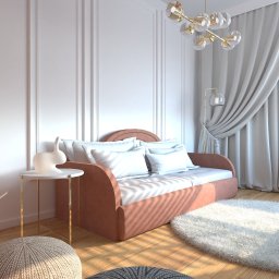 STUDIO OF3 - Wnętrze pokoju w Kaniowie z łóżkiem dziennym w odcieniach różu, białymi poduszkami i okrągłym, puszystym dywanem. Na stoliku obok łóżka stoi biała figurka królika. W tle widoczne białe ściany...