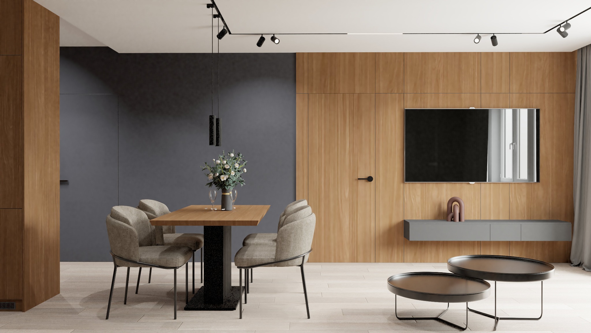 Nowoczesna jadalnia z drewnianym stołem, szarymi krzesłami i minimalistycznym oświetleniem punktowym na tle drewnianej ściany z telewizorem i szarą szafką RTV.