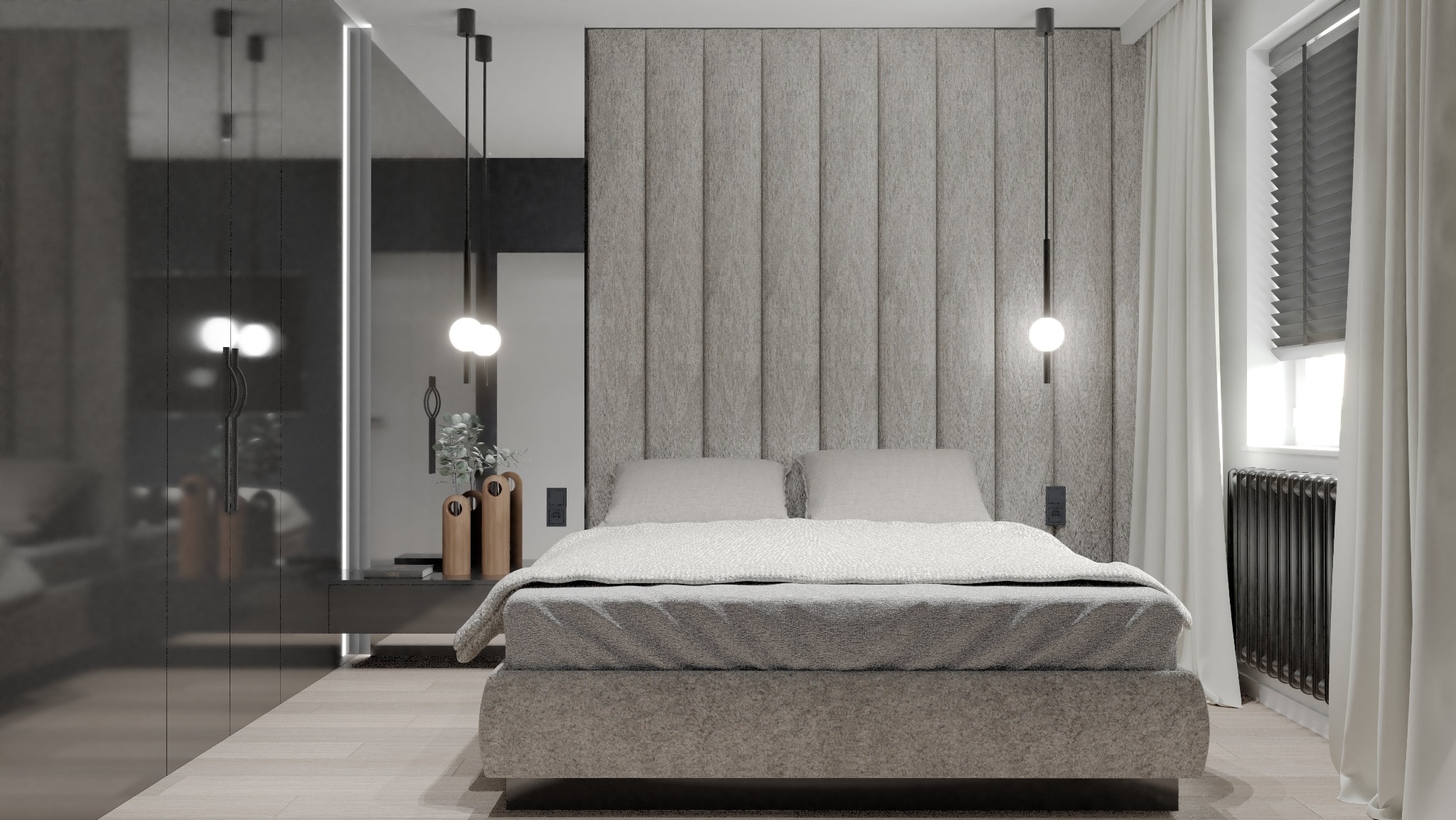 Nowoczesna sypialnia w odcieniach szarości z tapicerowanym panelem ściennym za łóżkiem, minimalistycznymi lampami wiszącymi i lustrzaną szafą w tle.