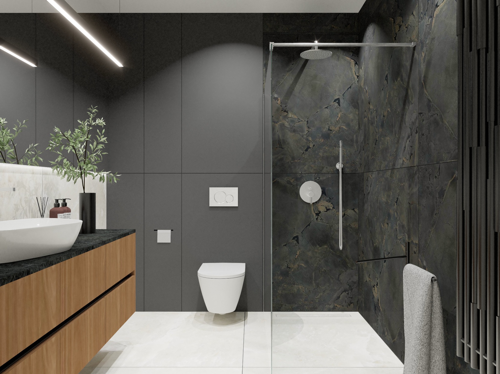Nowoczesna łazienka z czarnymi płytkami imitującymi marmur w strefie prysznica, drewnianą szafką pod umywalką i minimalistyczną toaletą podwieszaną.