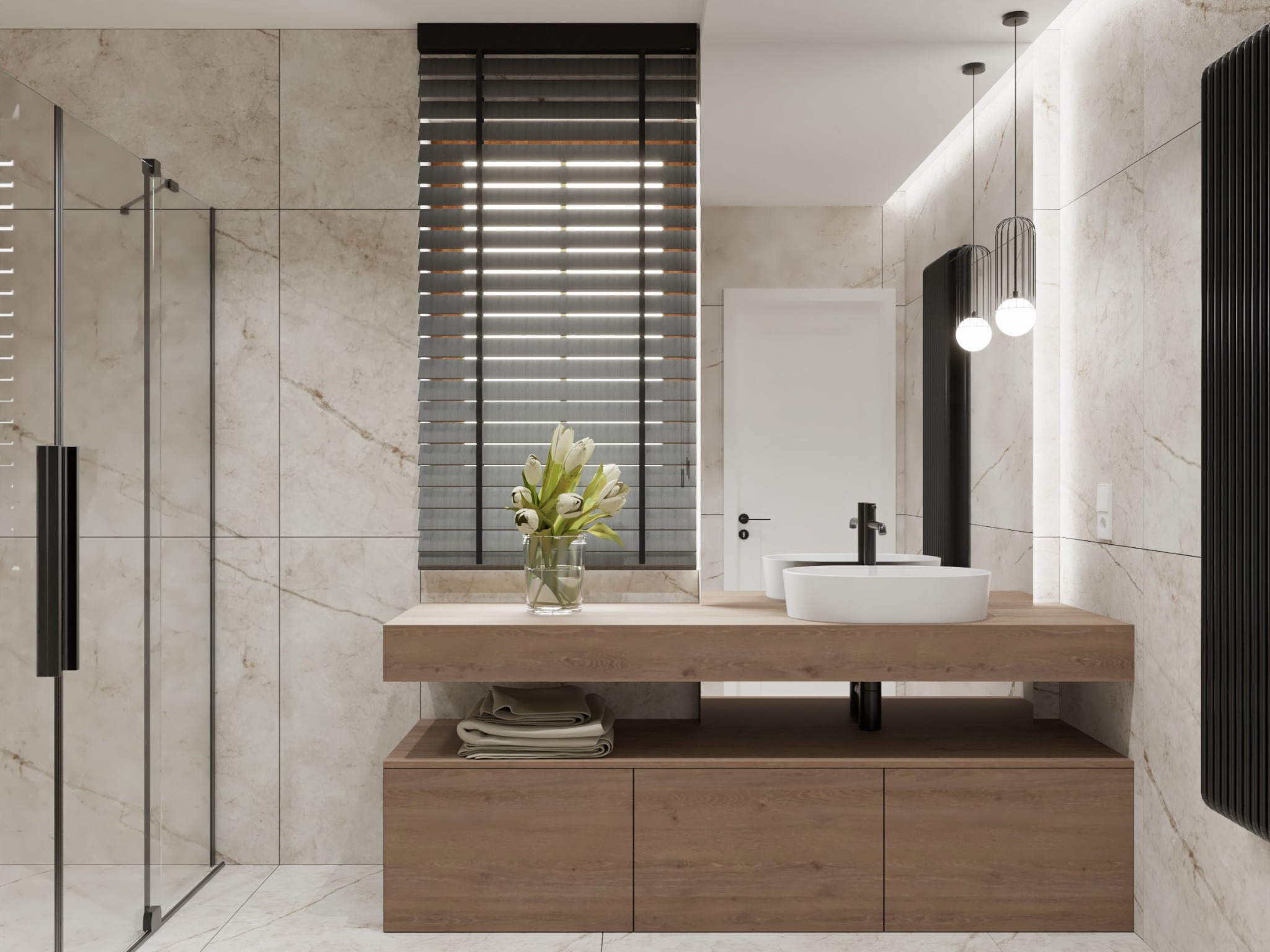 Nowoczesna łazienka z marmurowymi płytkami, drewnianą szafką pod umywalką z blatem, okrągłą białą umywalką nablatową, czarną armaturą, grzejnikiem drabinkowym, szklaną kabiną prysznicową i bukietem...