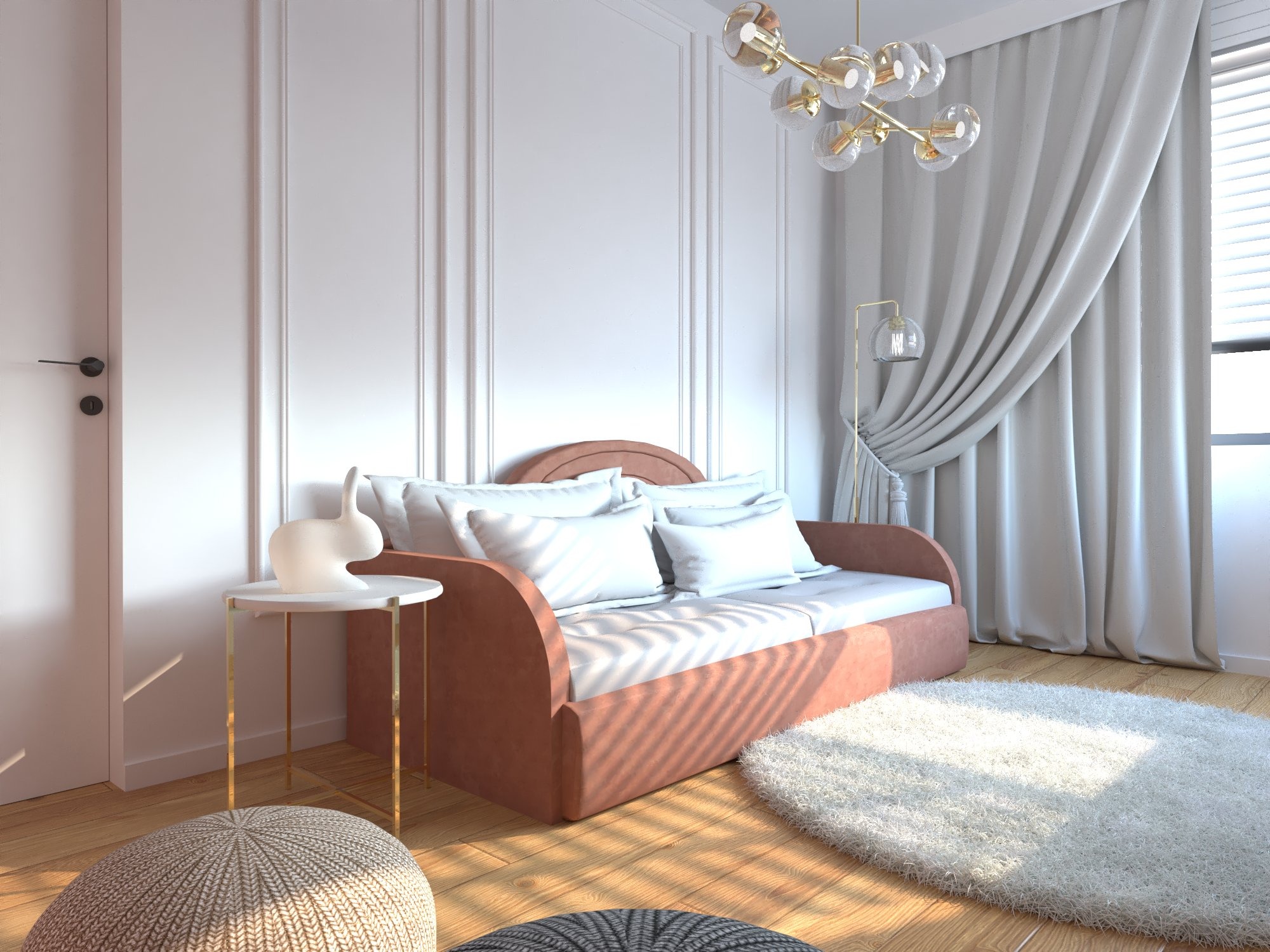 Wnętrze pokoju w Kaniowie z łóżkiem dziennym w odcieniach różu, białymi poduszkami i okrągłym, puszystym dywanem. Na stoliku obok łóżka stoi biała figurka królika. W tle widoczne białe ściany...