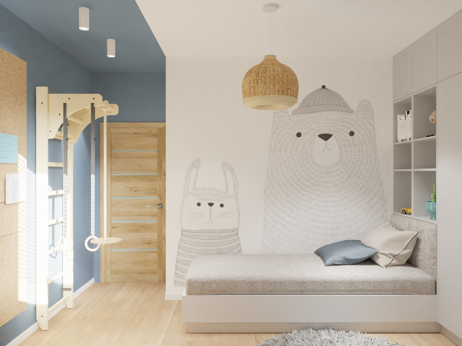 Pokój dziecięcy z łóżkiem, drabinką gimnastyczną, lampą z wikliny i tapetą z motywem zwierząt: misia w czapce i królika.