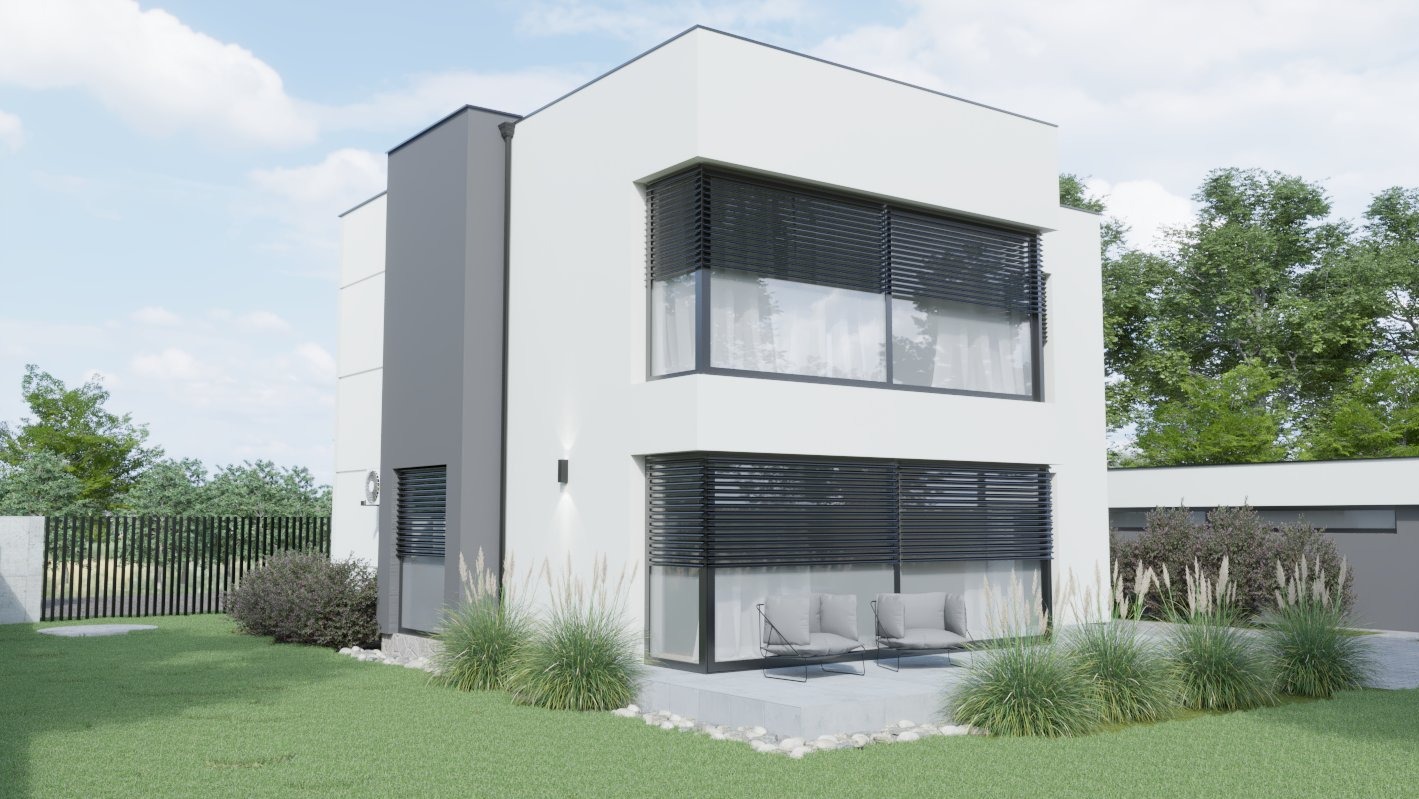 Dwukondygnacyjny dom w nowoczesnym stylu z białymi ścianami, szarą bryłą boczną i dużymi oknami z żaluzjami zewnętrznymi, otoczony zielonym trawnikiem i ozdobnymi trawami.