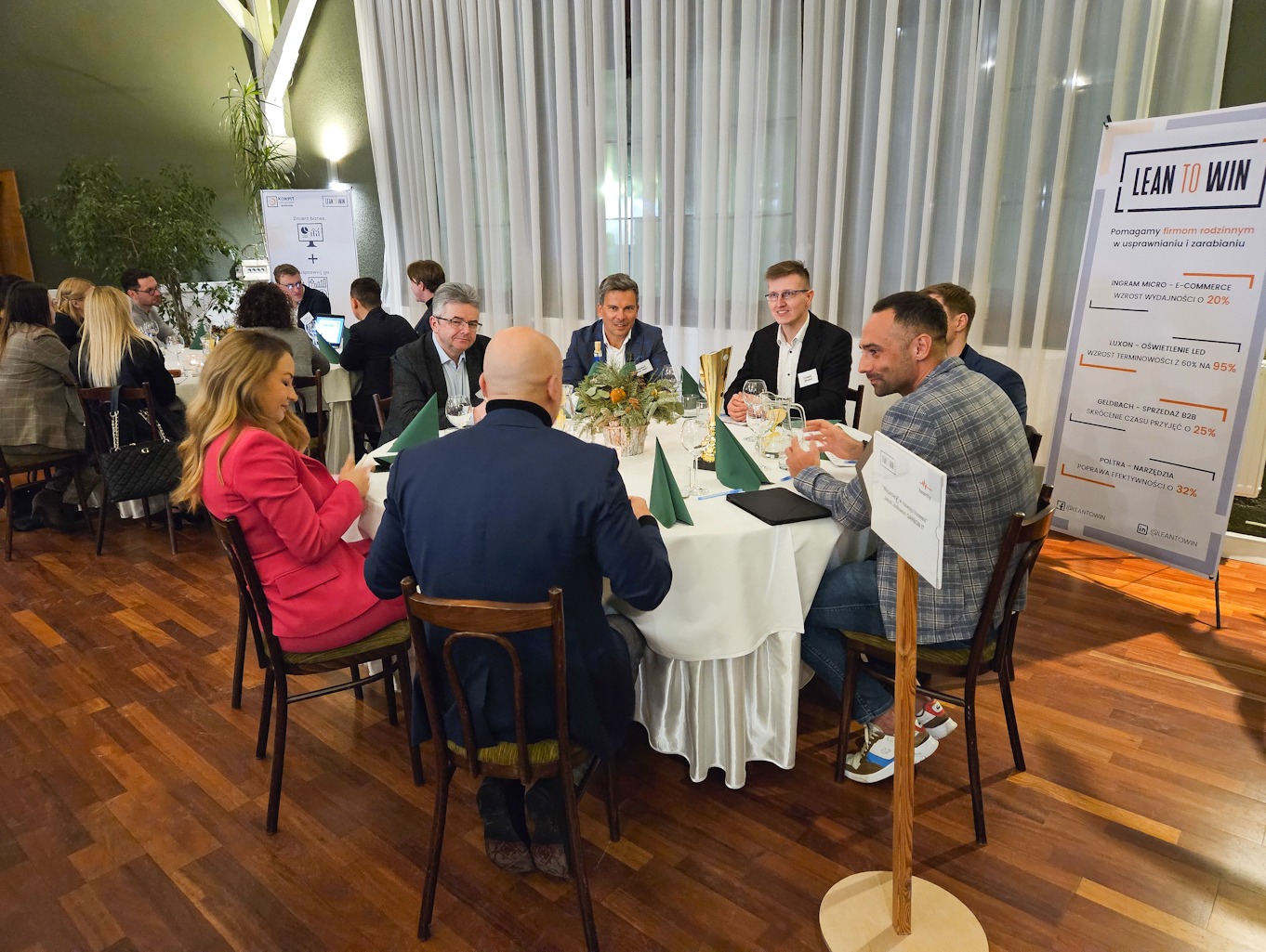Grupa osób siedzi przy okrągłym stole podczas spotkania biznesowego, w tle widoczny baner reklamowy z napisem 'Lean to Win' i informacjami o wzroście wydajności firm.