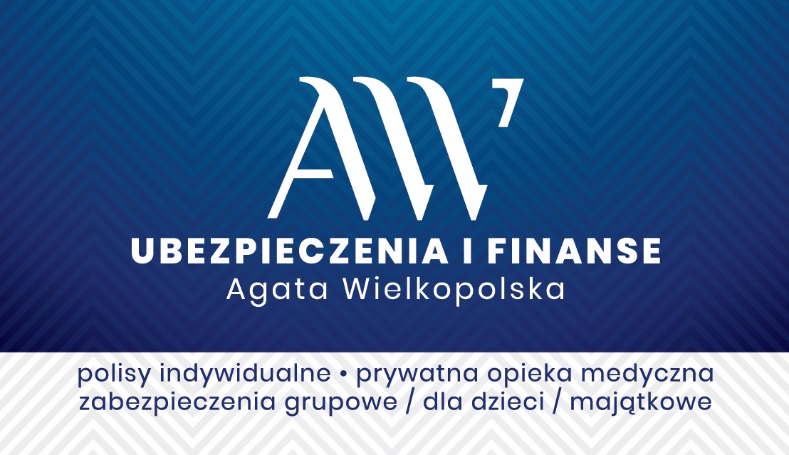 Logo firmy ubezpieczeniowej Agata Wielkopolska z ofertą polis indywidualnych, prywatnej opieki medycznej, zabezpieczeń grupowych, dla dzieci i majątkowych, na niebieskim tle z wzorem w zygzaki.