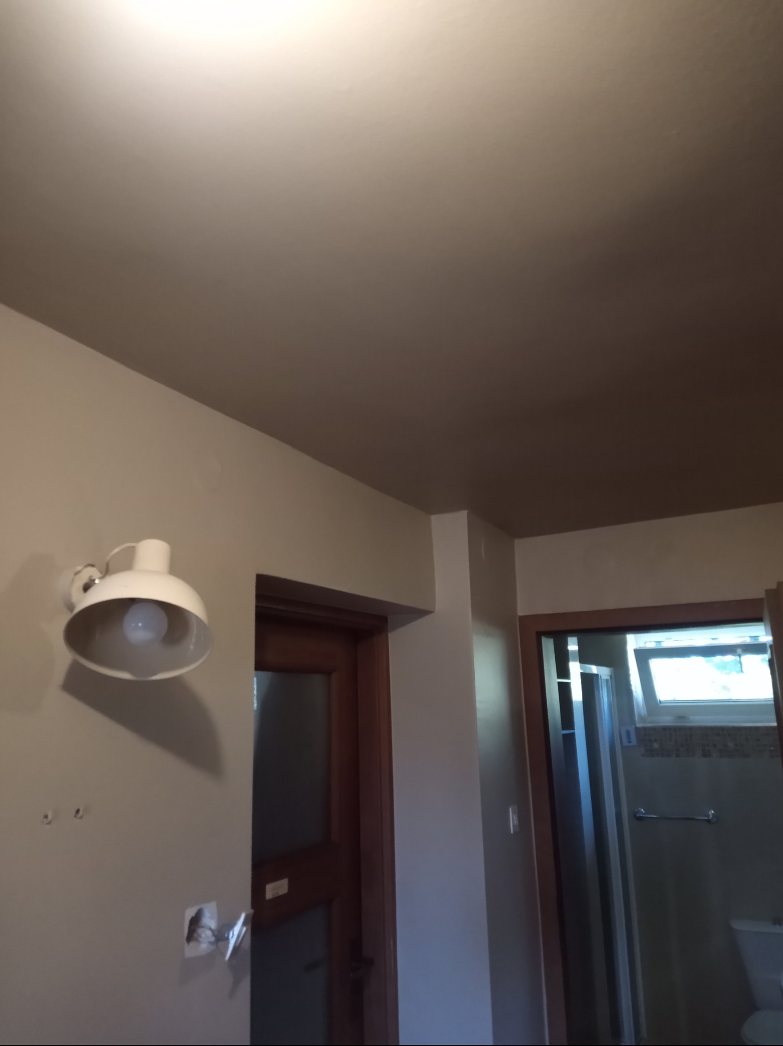 Fragment wnętrza mieszkania po odświeżeniu ścian, widoczna lampa ścienna, gładka powierzchnia pomalowanej ściany, drewniane drzwi oraz fragment łazienki z kabiną prysznicową.
