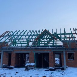 VALERII ROMANIUK - Surowy stan budynku z cegły z częściowo ukończoną, zieloną konstrukcją drewnianą dachu w zimowym krajobrazie.