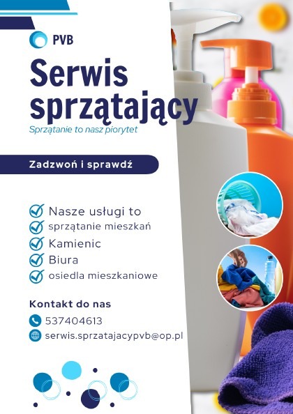 Plakat reklamowy firmy sprzątającej PVB, z hasłem 'Serwis sprzątający. Sprzątanie to nasz priorytet', numerem telefonu, adresem email oraz listą usług: sprzątanie mieszkań, kamienic, biur i osiedli...