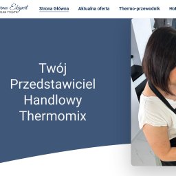 Expressite - Agencja Marketingowa Rzeszów - Zdjęcie przedstawia fragment strony internetowej thermoekspert.pl z napisem 'Twój Przedstawiciel Handlowy Thermomix' oraz profil kobiety w czarnym fartuchu.