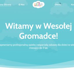Expressite - Agencja Marketingowa Rzeszów - Strona internetowa żłobka Wesoła Gromadka z pastelowym niebieskim tłem i chmurkami, prezentująca ofertę opieki nad dziećmi w wieku od 7 miesięcy do 3 lat.