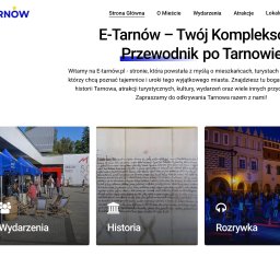 Expressite - Agencja Marketingowa Rzeszów - Strona internetowa miasta Tarnowa, prezentująca wydarzenia, historię i rozrywkę w formie trzech kafelków z ikonami i tytułami nałożonymi na zdjęcia.