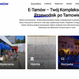 Strona internetowa miasta Tarnowa, prezentująca wydarzenia, historię i rozrywkę w formie trzech kafelków z ikonami i tytułami nałożonymi na zdjęcia.